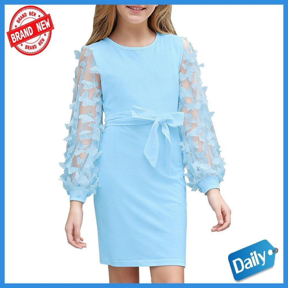 Girls Long Sleeve Puff Mesh Dress with Belt 7-16 Years Cotton Spandex